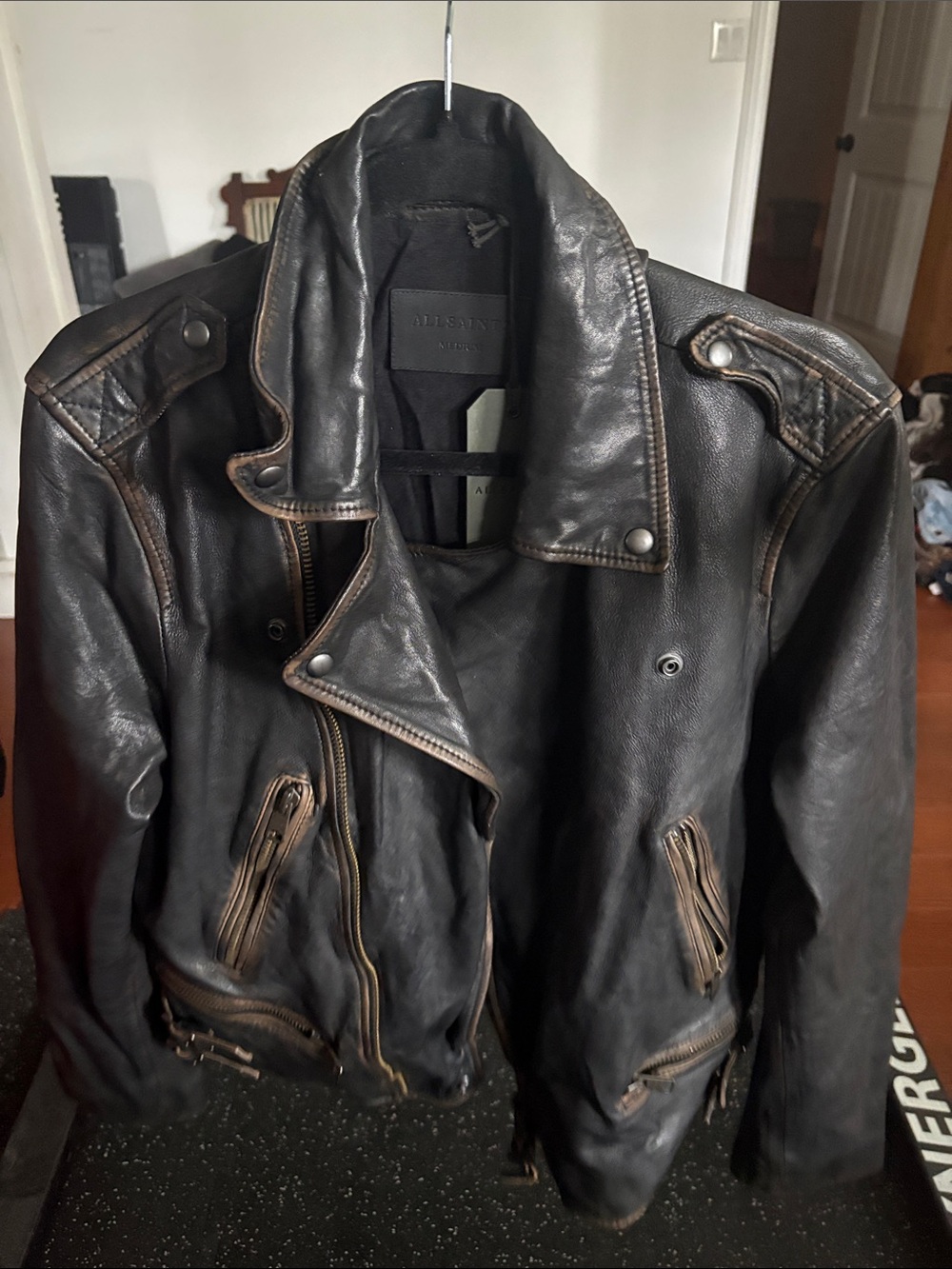 All Saints Distressed Black Leather Moto Jacket